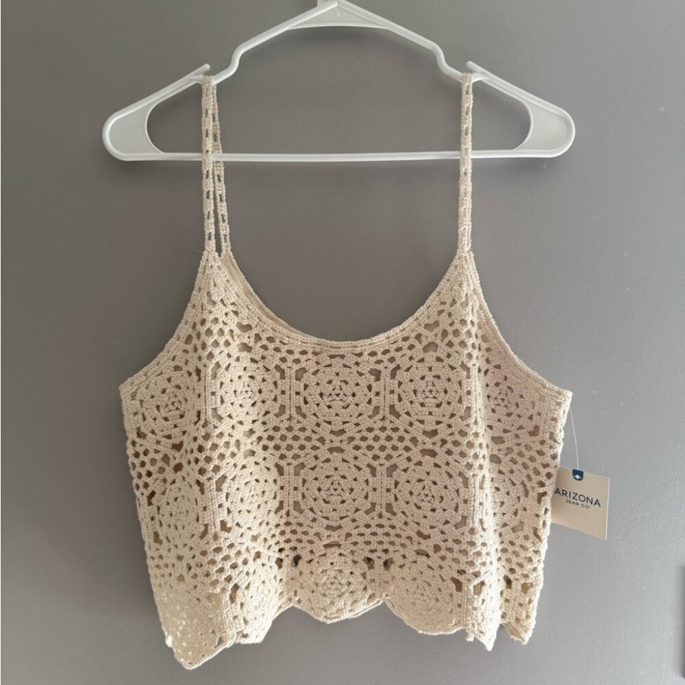 Womens Cream Crochet Tank Top SZ Lg New Lined  Cotton Crop